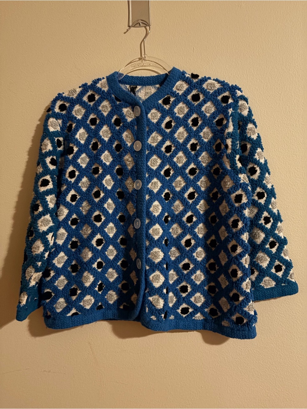 Vintage 1960’sBlue Textured Diamond-Pattern Button Cardigan Sweater
